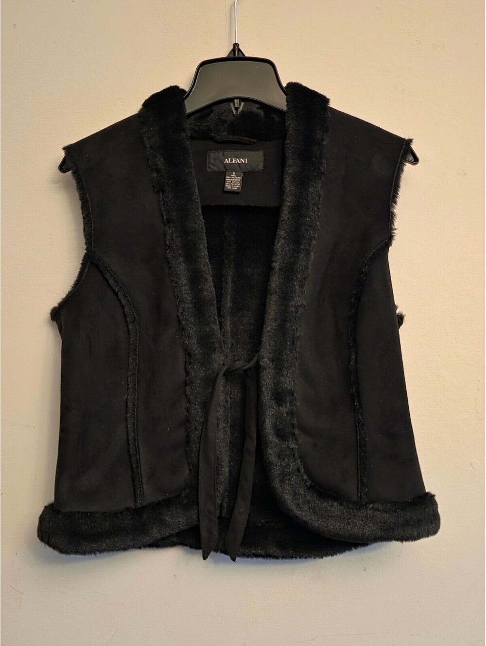 Alfani Women's Black Faux Suede & Faux Fur Open-Front Tie Vest Size Small
